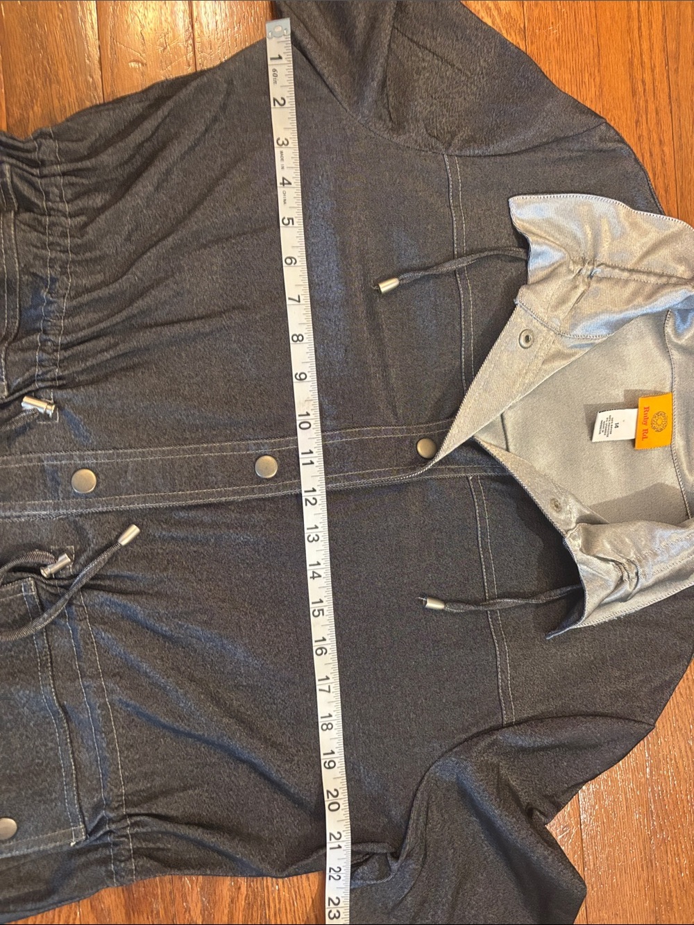 Ruby Rd. Black Denim Drawstring Jacket with Silver Lining - Picture 6 of 7